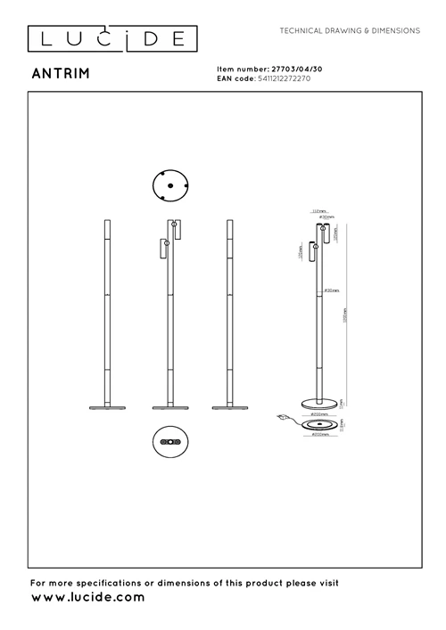 Lucide ANTRIM - Lampadaire / lampe de lecture Rechargeable Intérieur/Extérieur - Batterie/Piles - LED Dim. - 2x2,2W 2700K - IP54 - Avec station de charge sans fil - Noir - technique